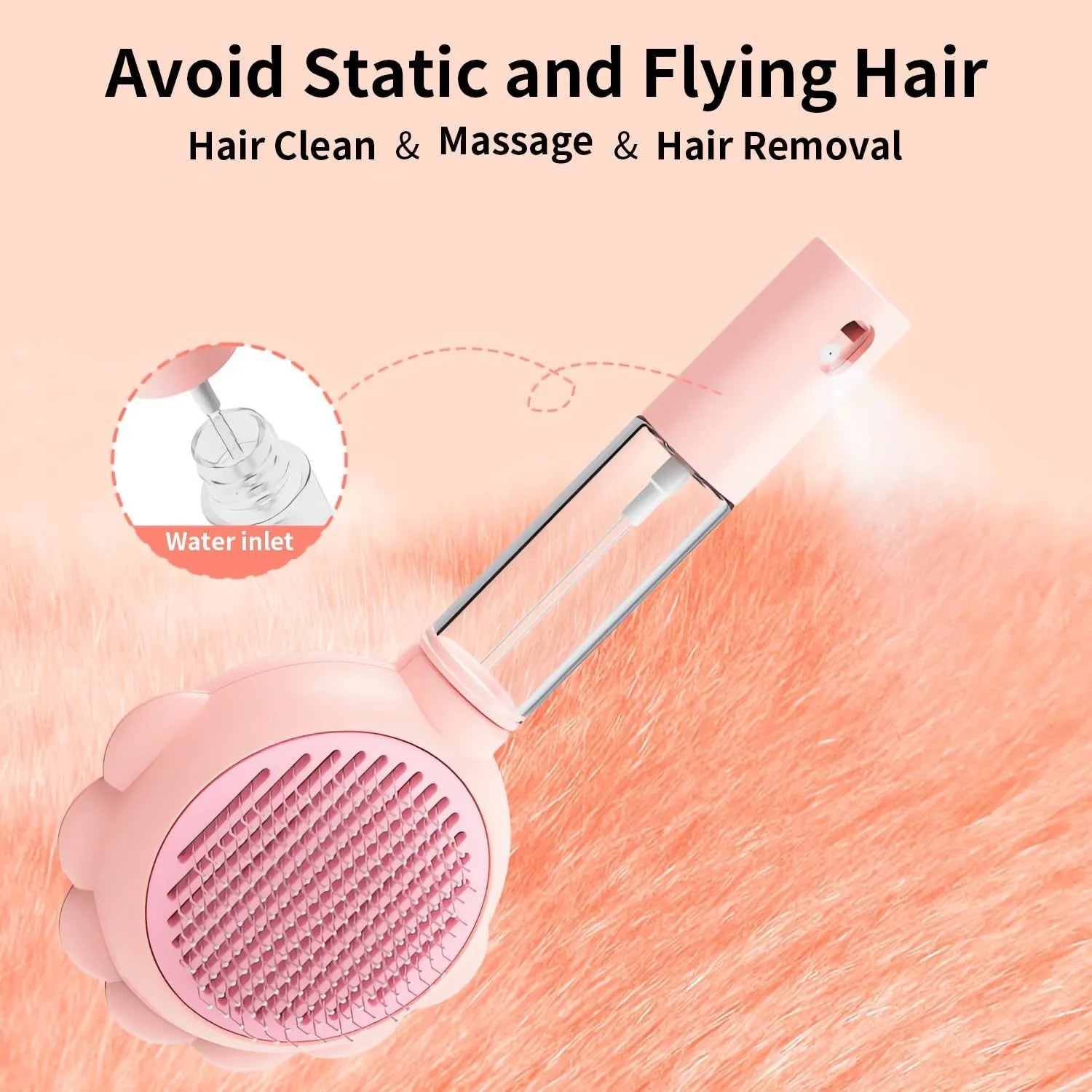Spray cat brush with grey handle, stainless steel pins, and water spray function for grooming pets