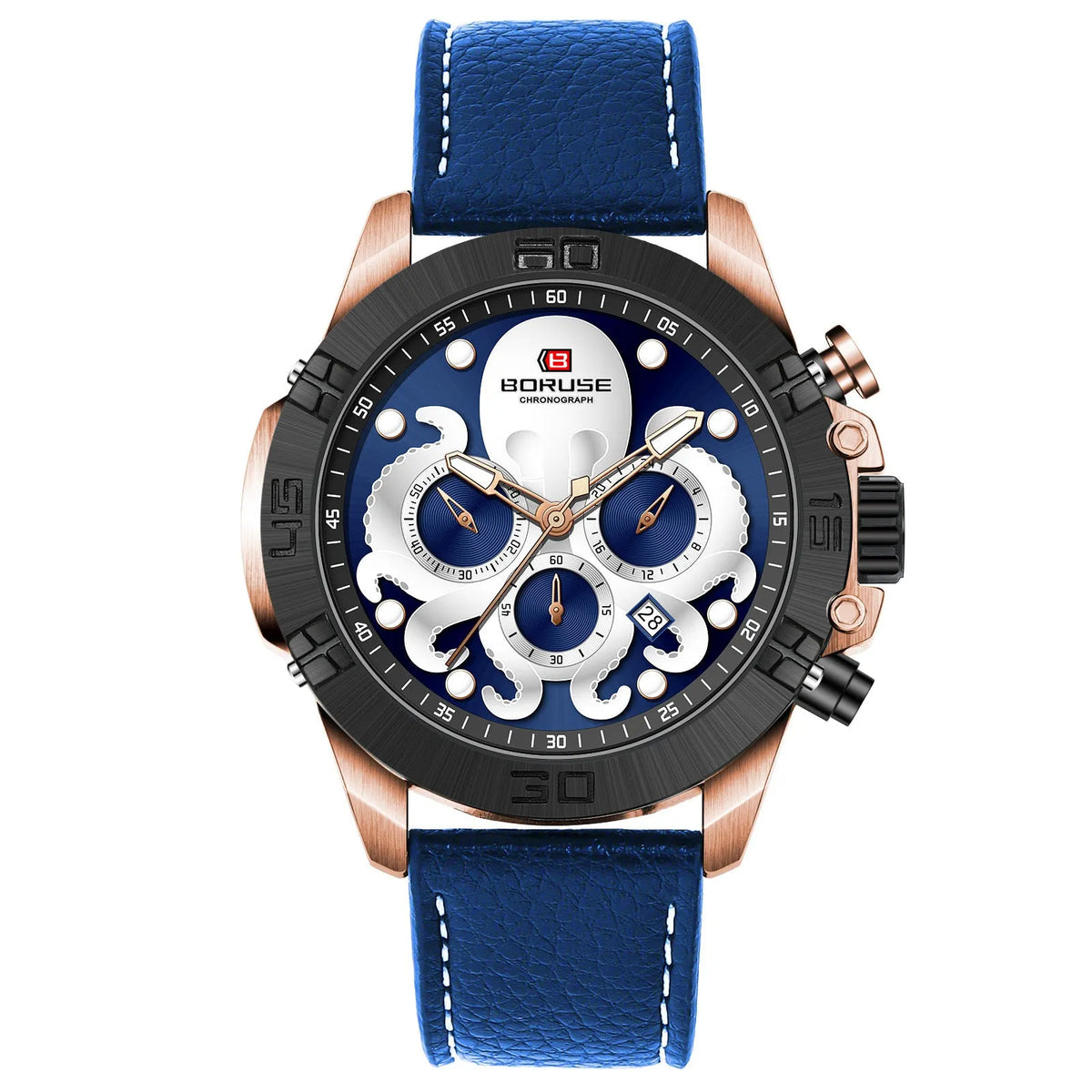 Octopus men's waterproof quartz watch with luminous display in blue or black colour options