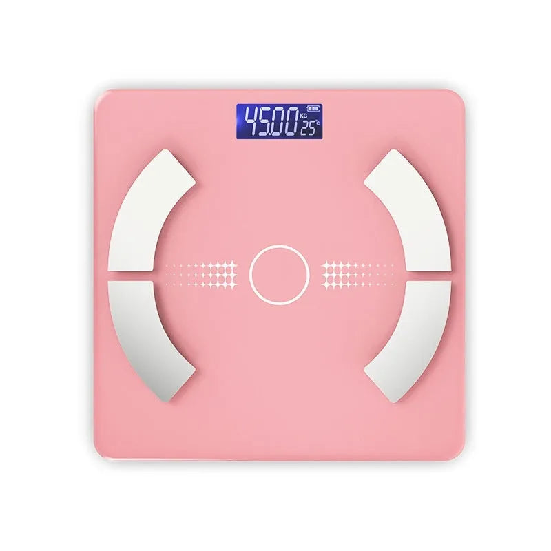 Smart digital bathroom scale with Bluetooth on glass platform in white, showing weight and body fat percentage.
