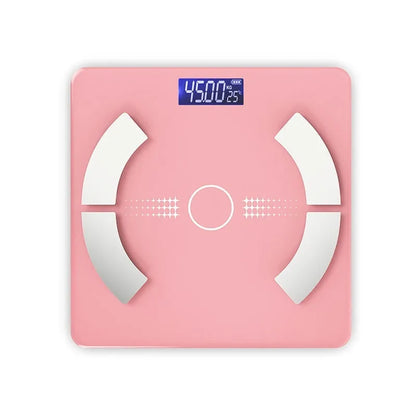 Smart digital bathroom scale with Bluetooth on glass platform in white, showing weight and body fat percentage.