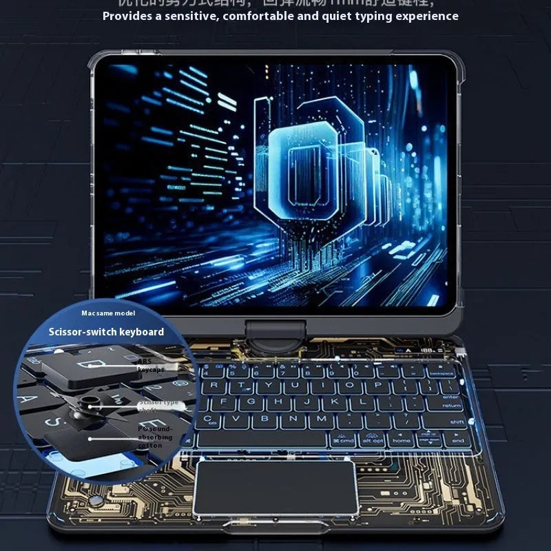 Transparent rotating keyboard case for iPad Air 5 with detachable Bluetooth keyboard open.