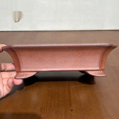 Rectangular light brown stoneware bonsai pot with 17 cm bottom diameter