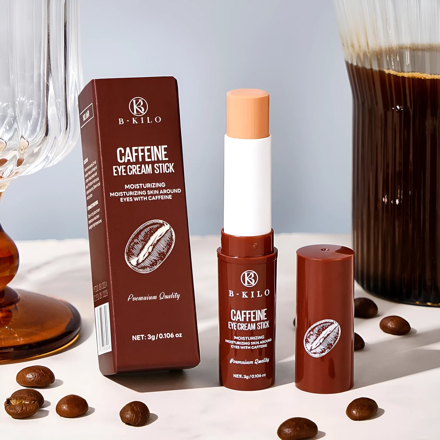 Caffeine eye cream stick in practical applicator format for under-eye fine lines and dark circles
