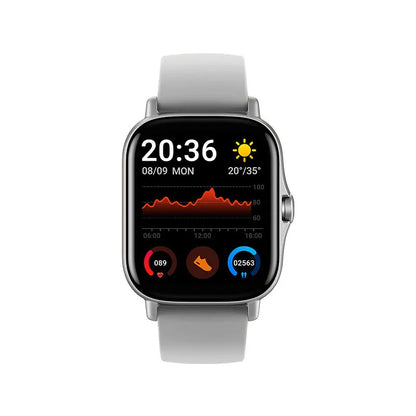 GT20 smartwatch with alloy case and silicone strap on a wrist, displaying heart rate data on its screen.