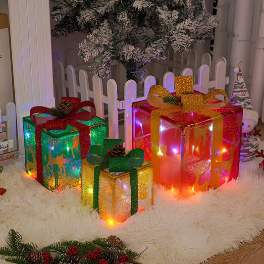 Three-piece Christmas LED light set in gift box with silver star and tricolour deer, 50 LEDs, 1000 lumens warm glow