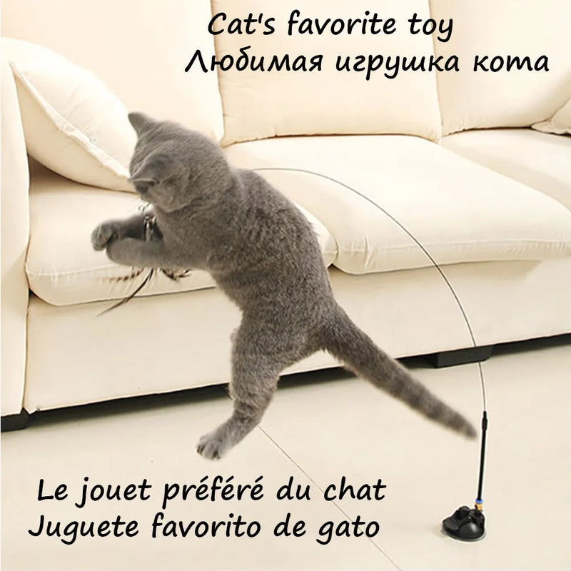 Detachable Wire Rod Sucker Cat Stick with Feathers Hardware Suction Cups PVC Rods Steel Wires Funny Cat Toy Simple Stylish Picture Colour