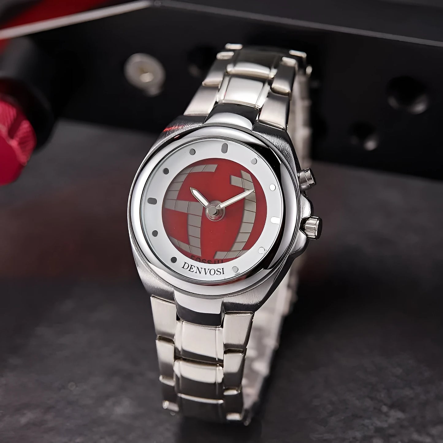 Men's Y2K style digital dual display watch with red face and alloy strap