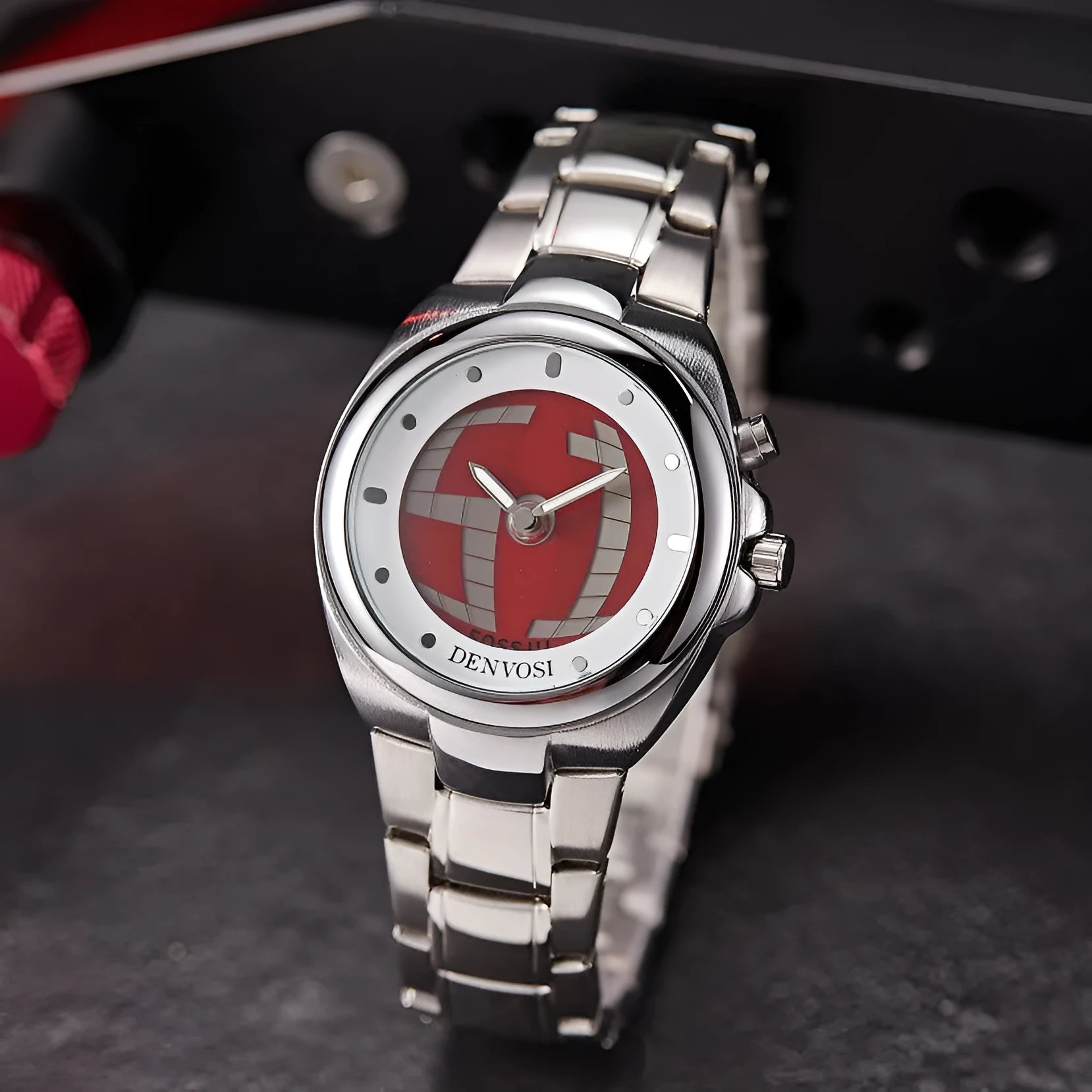 Men's Y2K style digital dual display watch with red face and alloy strap