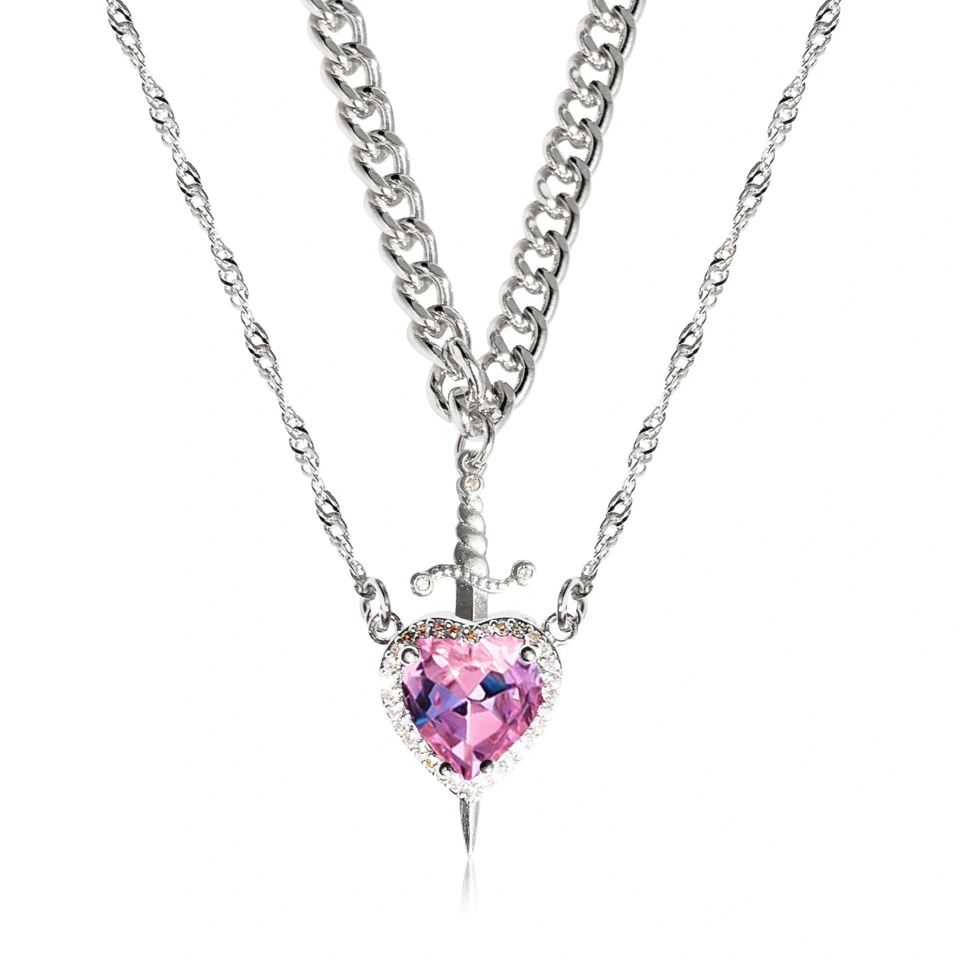 Gothic Punk Heart Dagger Couple Necklace with sparkling red rhinestones