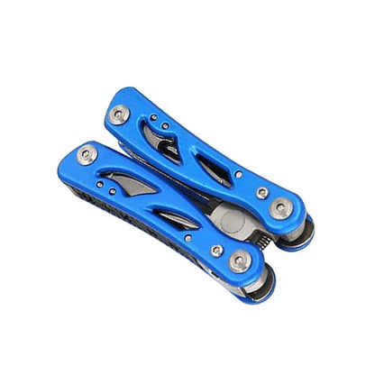 Blue foldable multi-function outdoor pliers with fruit knife tool next to Oxford carrying bag