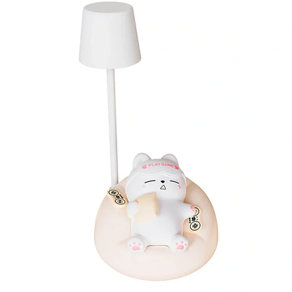 Sleeping cat shaped night lamp measuring 84x84x152mm with USB charging port and soft LED lighting