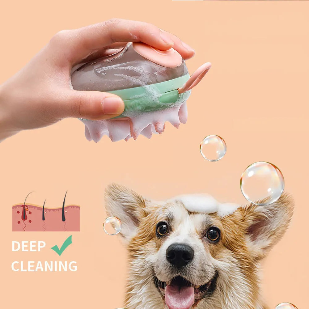 Blue and green pet bath brush with silicone bristles and a shampoo dispenser bottle in hand.