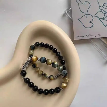 Tigereye Obsidian S925 sterling silver bracelet with Six Words Mantra couple design and round obsidian beads