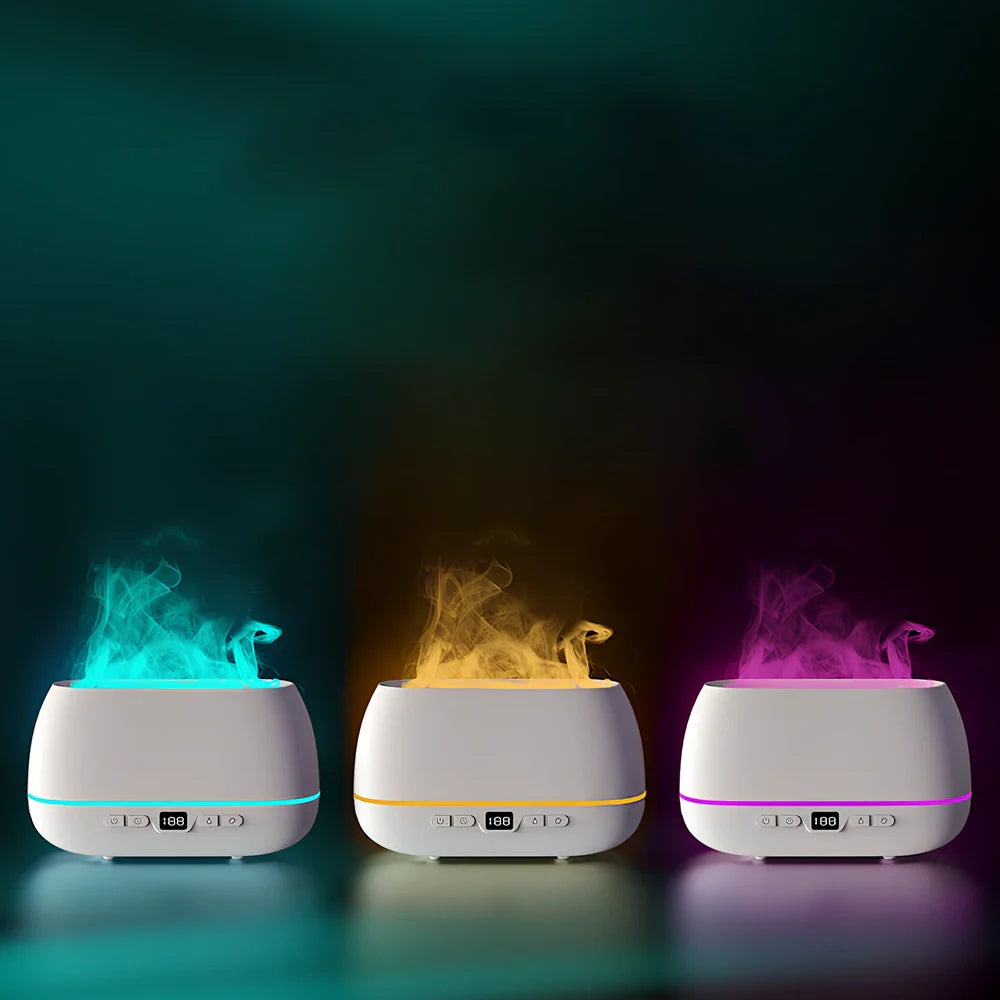 White 200ml USB flame humidifier with colour lights, remote, 226x127x87mm size for aromatherapy diffusion