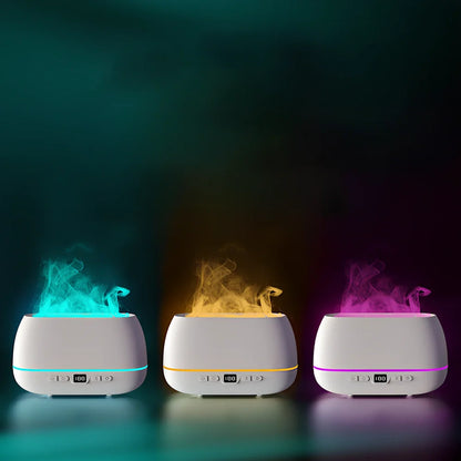 White 200ml USB flame humidifier with colour lights, remote, 226x127x87mm size for aromatherapy diffusion