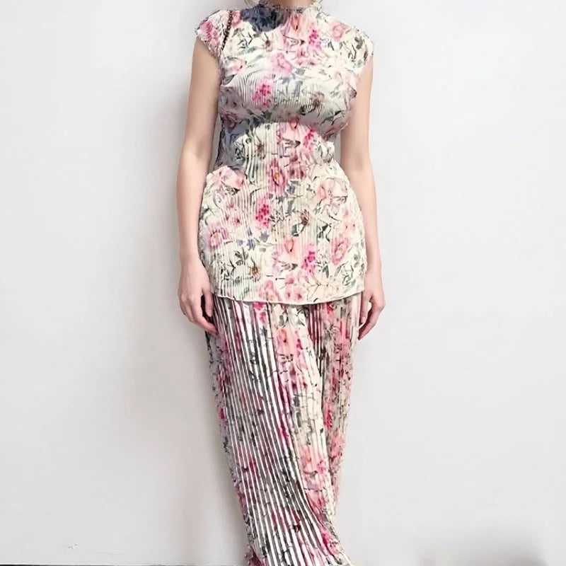 Long sleeve printed chiffon dress with high waist, two-piece set including skirt and top, in picture colour