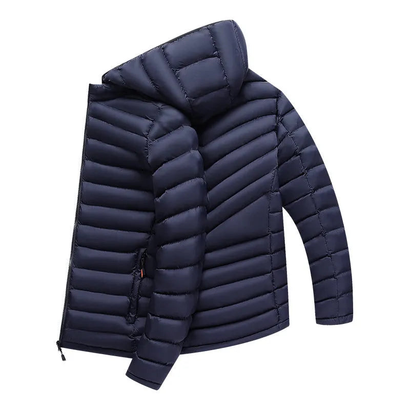 Men's solid-colour hooded down jacket with a detachable collar and zippered pockets.