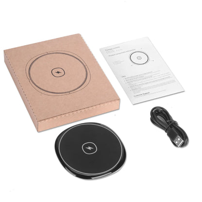 Black 15W fast wireless charger with glossy flat surface, Micro USB, for Apple and Huawei phones