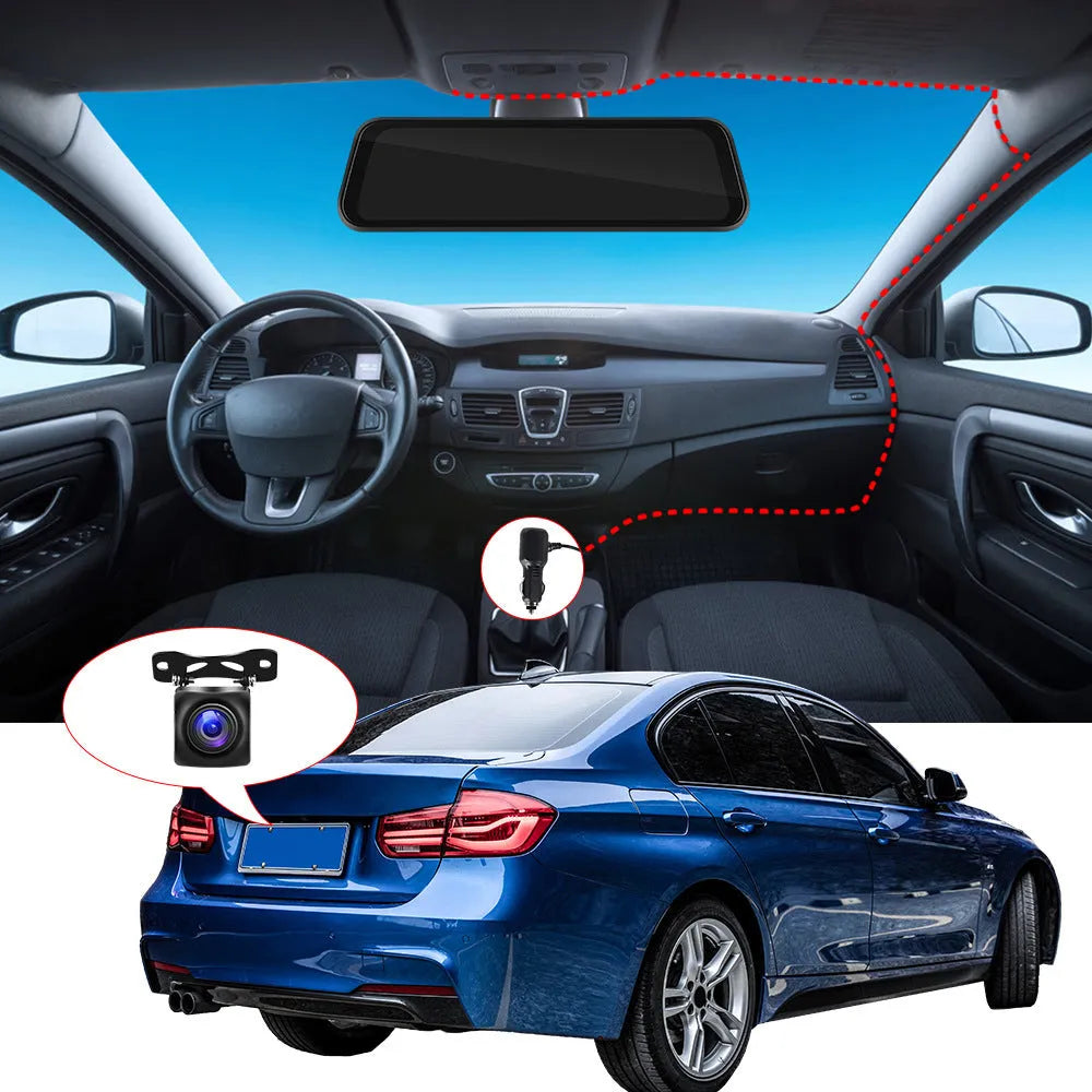 9.66-inch black car DVR mirror display showing smartphone CarPlay interface and rear camera feed.