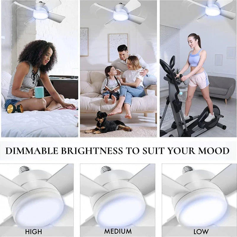 Versatile 4-blade ceiling fan with integrated LED light bulb, offering remote control for adjustable airflow and brightness