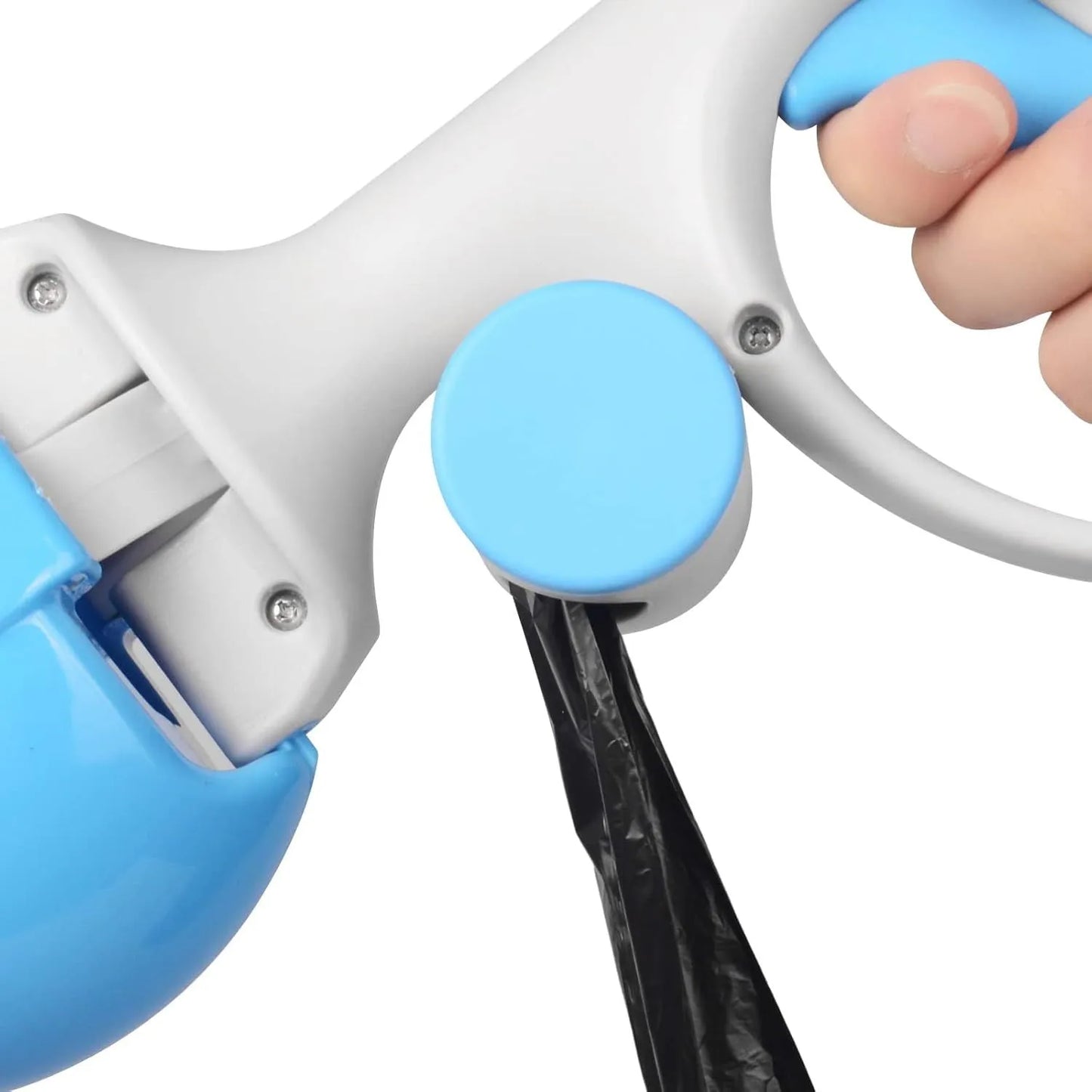A black ABS plastic pooper scooper with a built-in waste bag holder and a top carrying hook.