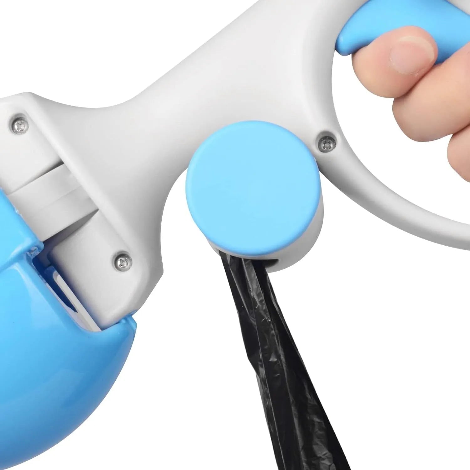 A black ABS plastic pooper scooper with a built-in waste bag holder and a top carrying hook.