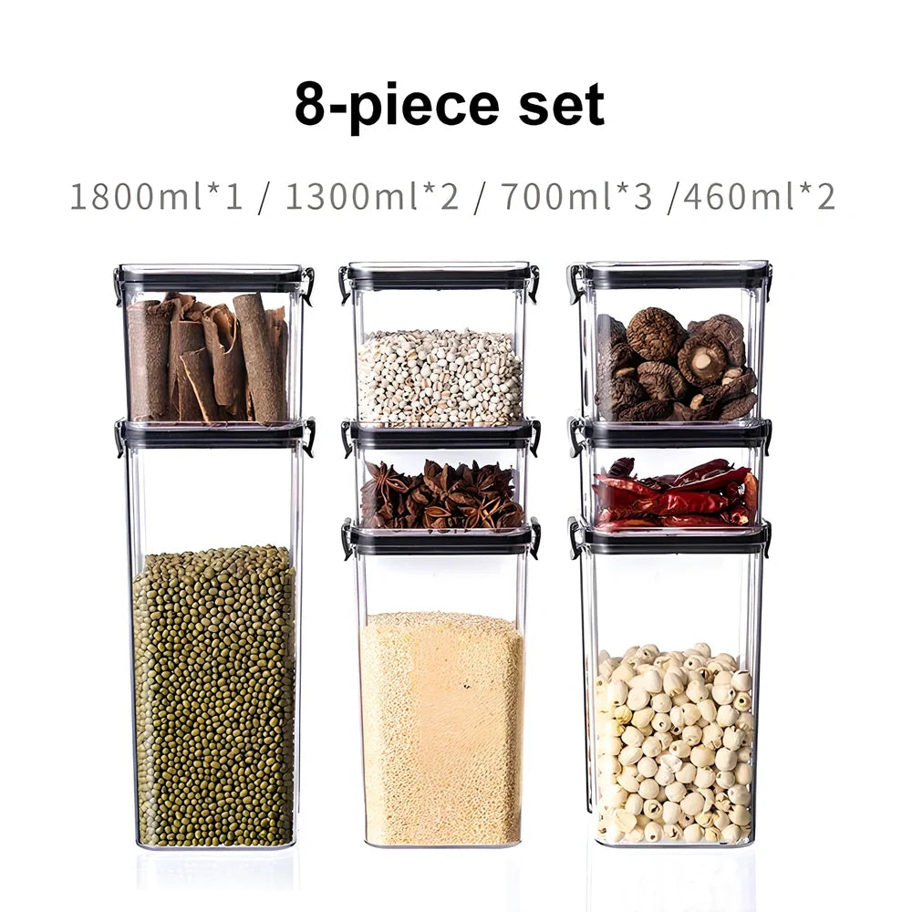 Transparent 8-piece airtight plastic grain containers set, BPA-free PET with TPR lids, sizes 0.7L to 1.8L, total 1.85kg for kitchen storage