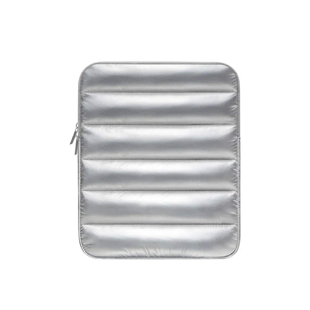 Fluffy air feeling puff bag laptop sleeve in black, shown with elastic sides stretching.