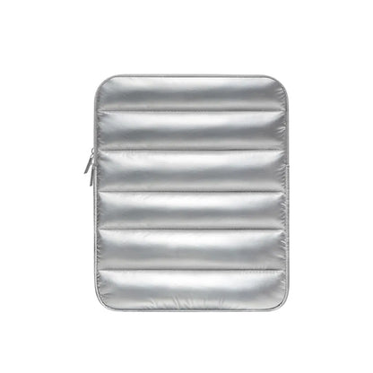 Fluffy air feeling puff bag laptop sleeve in black, shown with elastic sides stretching.