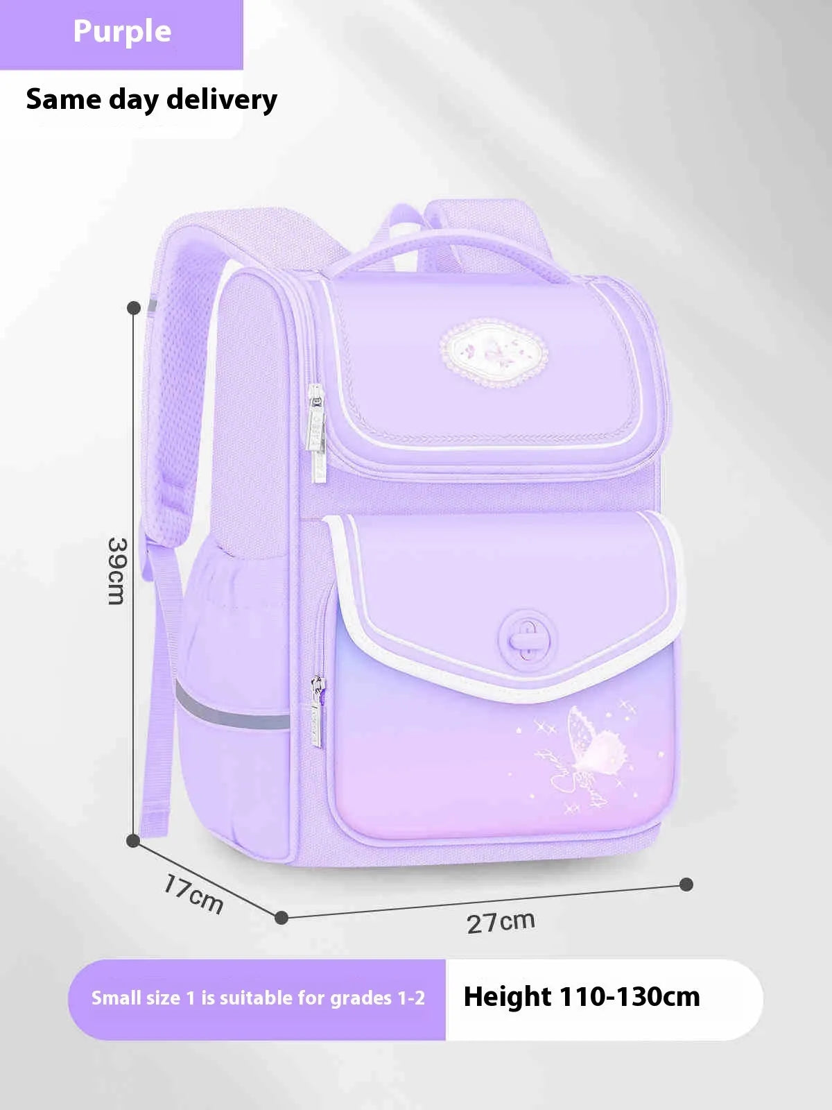 Pink girls school backpack with wide padded straps on a wooden bench, books and lunch bag inside.