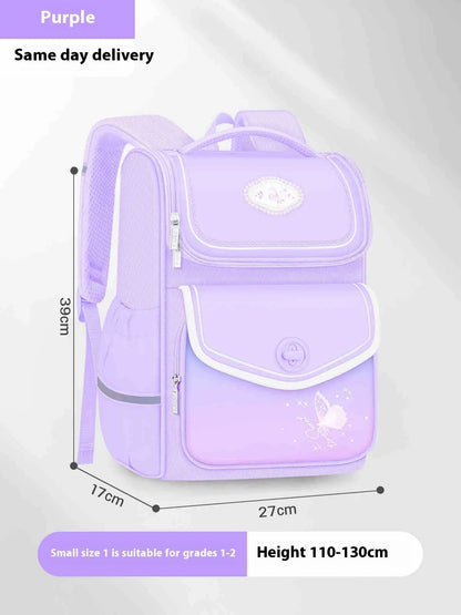 Pink girls school backpack with wide padded straps on a wooden bench, books and lunch bag inside.