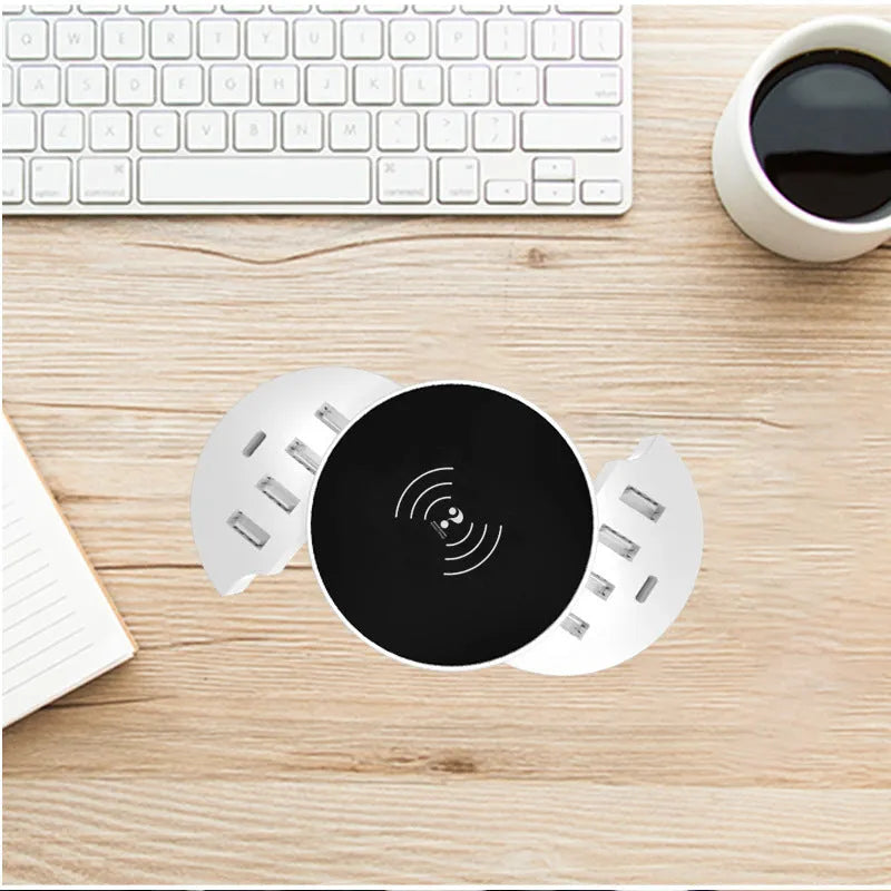 Ceramic white circular multi-port wireless phone charger with a 1.5 metre cable