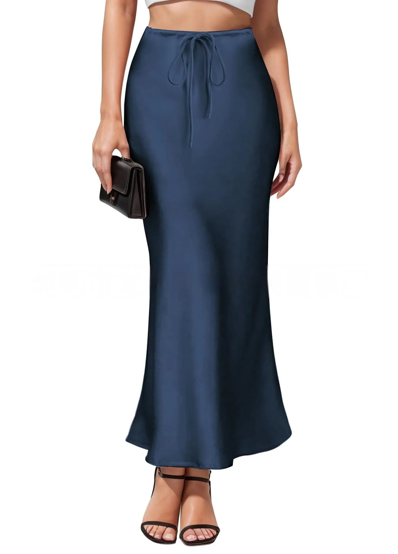 Asymmetric high waist acetate skirt with irregular stitching in multiple colour options.