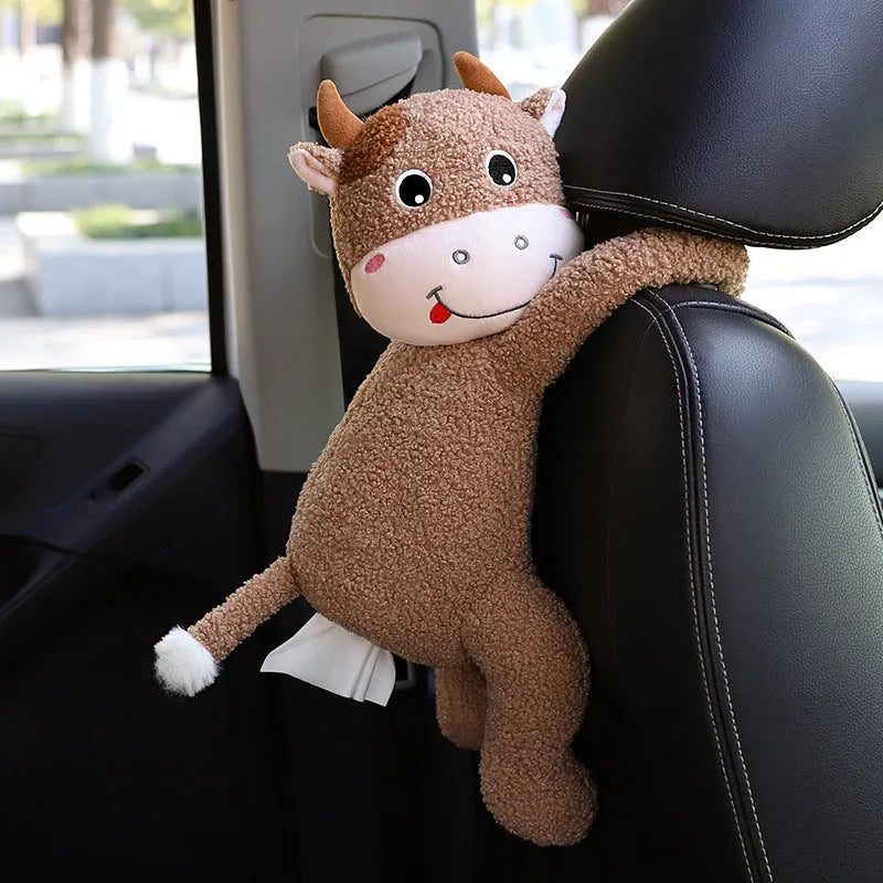 Plush animal design tissue box holder mounted on back of car seat