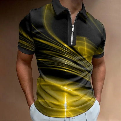 Men's blue short sleeve zip polo shirt with a loose fit, made from polyester bird eye cloth.