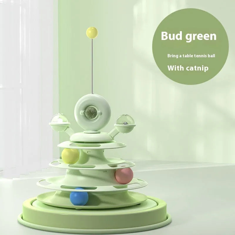 Four-level cat toy turntable tower with roller balls and 360-degree top ball in PP