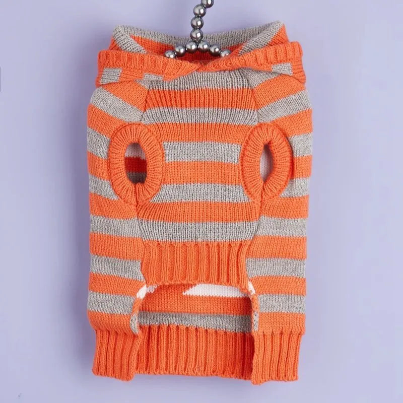 Pet Sweater for Halloween and Winter knitted acrylic hooded jumper with striped fur ball contrast colour design available in four sizes XS S M L for small dog and cat cold weather wear in orange colour