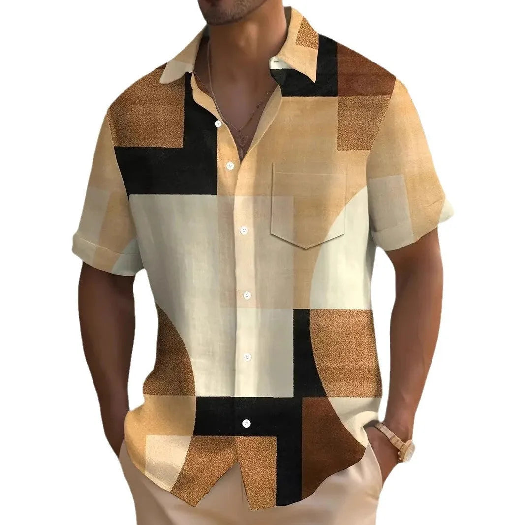 Men's retro geometric printed short sleeve cardigan shirt in loose fit style
