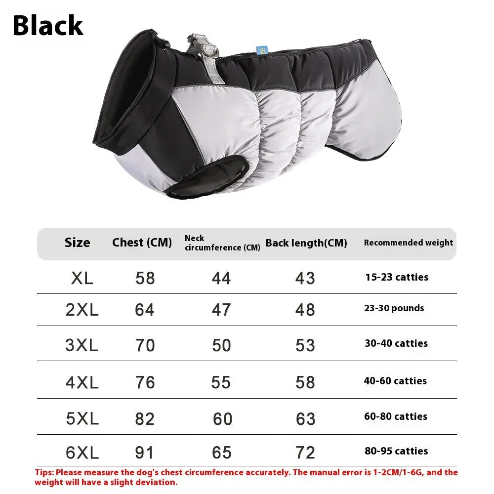 Big dog wearing a black waterproof reflective polar fleece winter coat