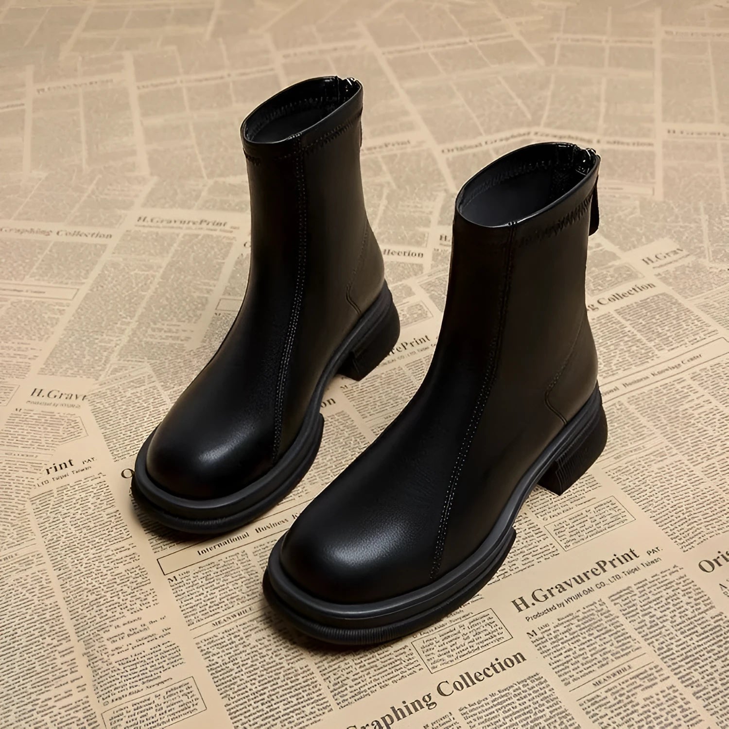 Women's black flat heel ankle boots with back zipper and round toe