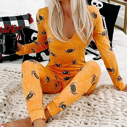 Cozy and stylish Halloween-themed pajama jumpsuit with long sleeves and a variety of color options