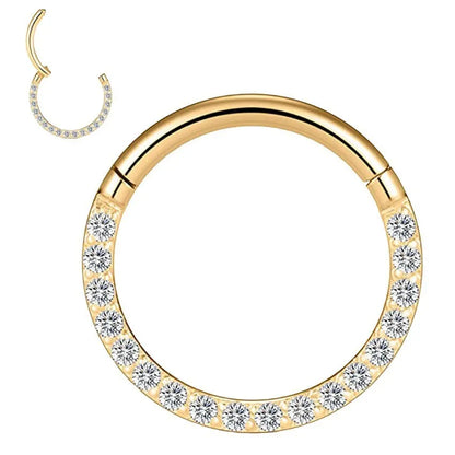 A seamless round hoop nose ring in stainless steel, shown alongside gold and rose gold colour options.