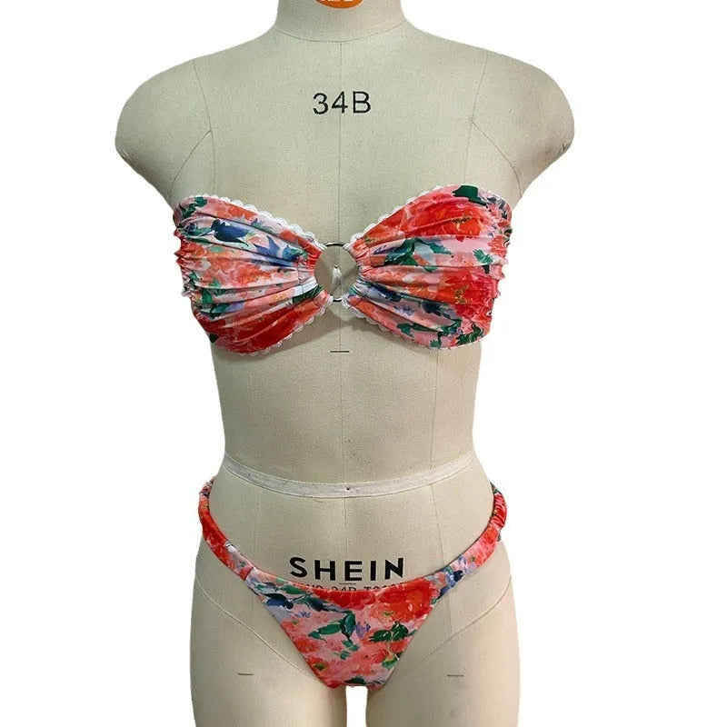 Floral lace detail European style bikini set in polyester fibre with tube top design