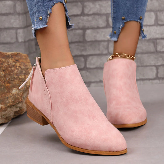 Women's chunky heel pointed toe ankle boots with V-cut design in khaki, off white, black, and pink