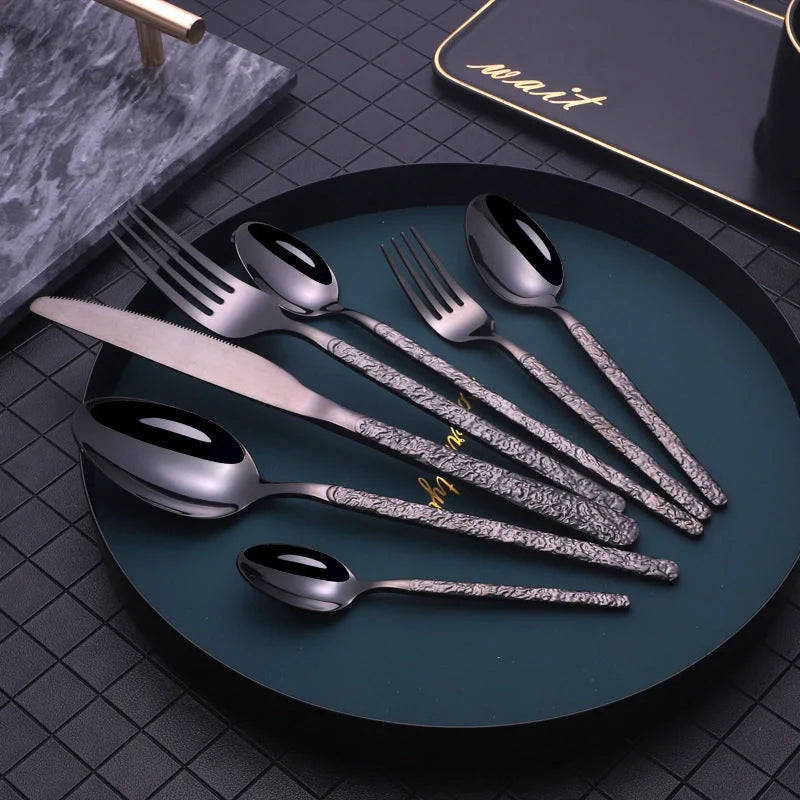 Premium embossed steak cutlery set with textured handles and mirror polish