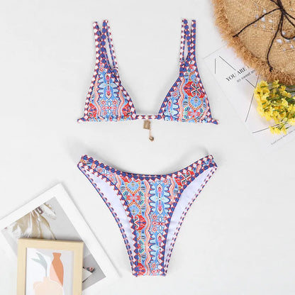 Retro 4-colour printed women's bikini swimwear set with European-American pattern style