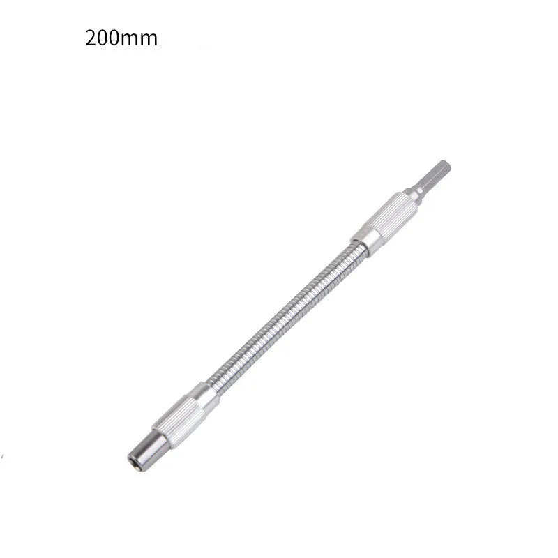 Silver metal flexible shaft extension for cordless drill with 6.35mm shank.