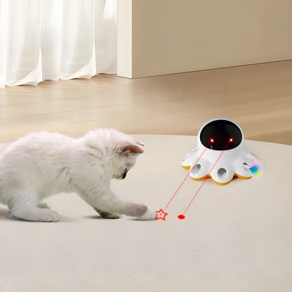Automatic electric cat teaser toy with colourful feather attachment on a plastic base