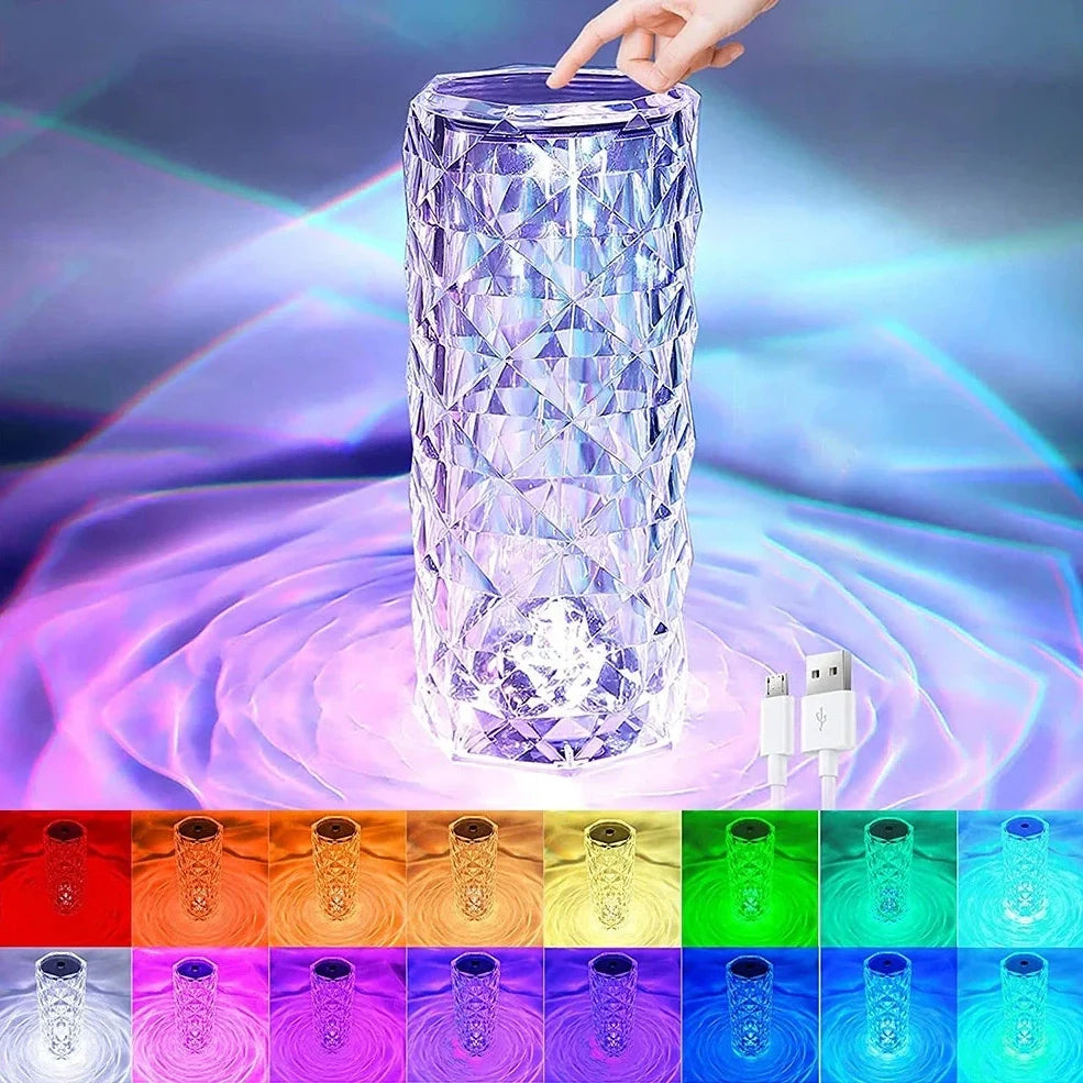 Compact 6.22in LED crystal rose table lamp in pink hue with touch base and USB cable