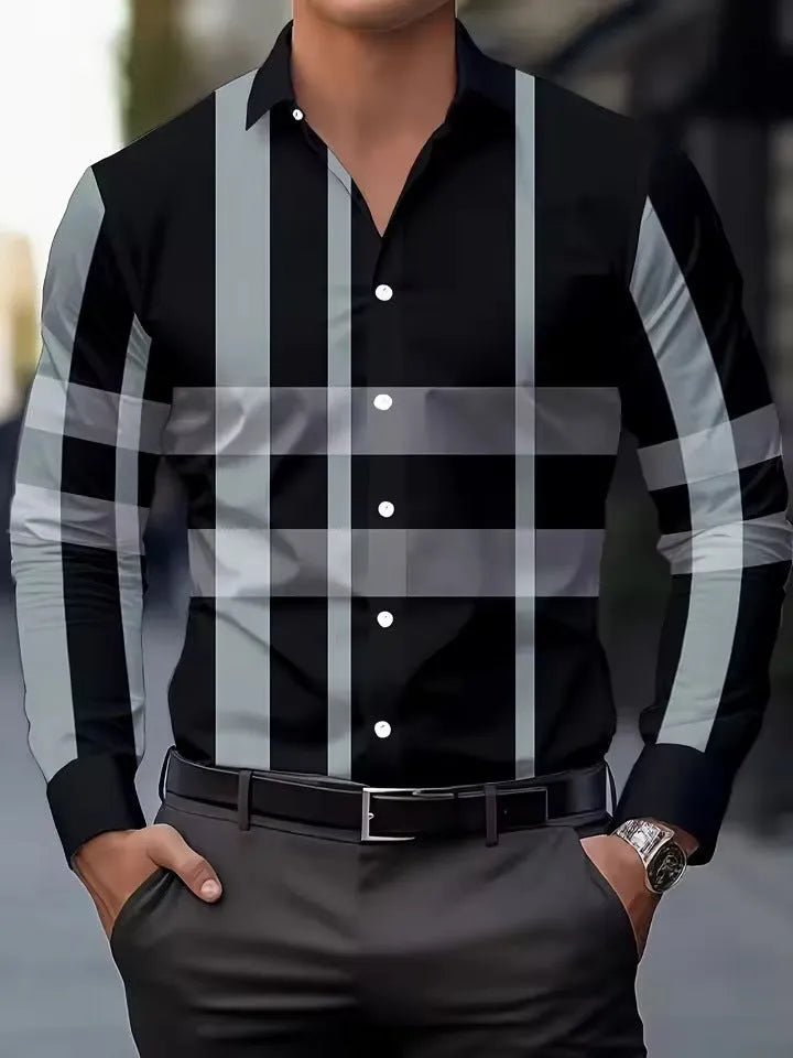 Man's striped long sleeve shirt with button lapel in polyester fabric